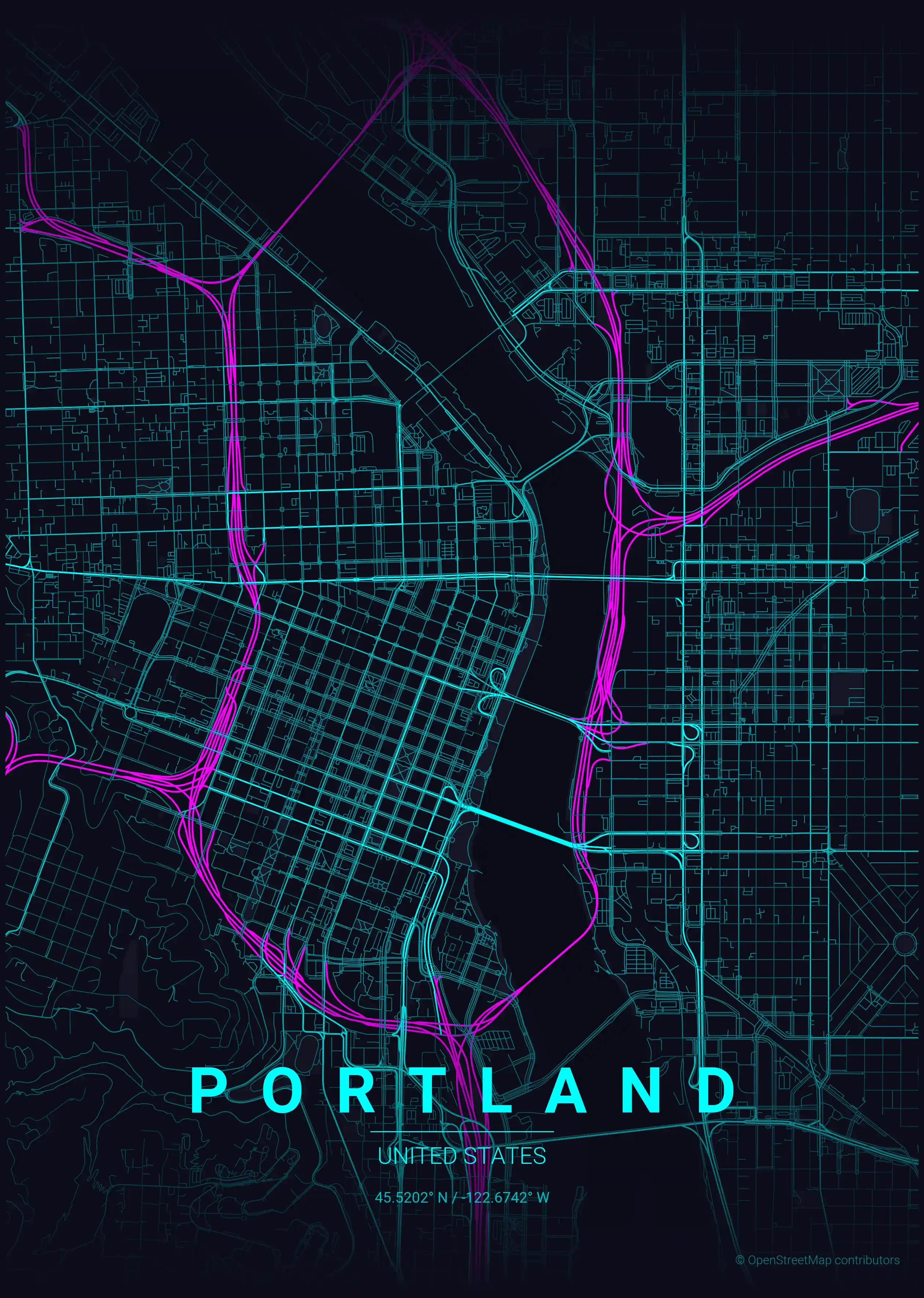Minimalist neon_cyberpunk street map of Portland, United States - Urban grid art