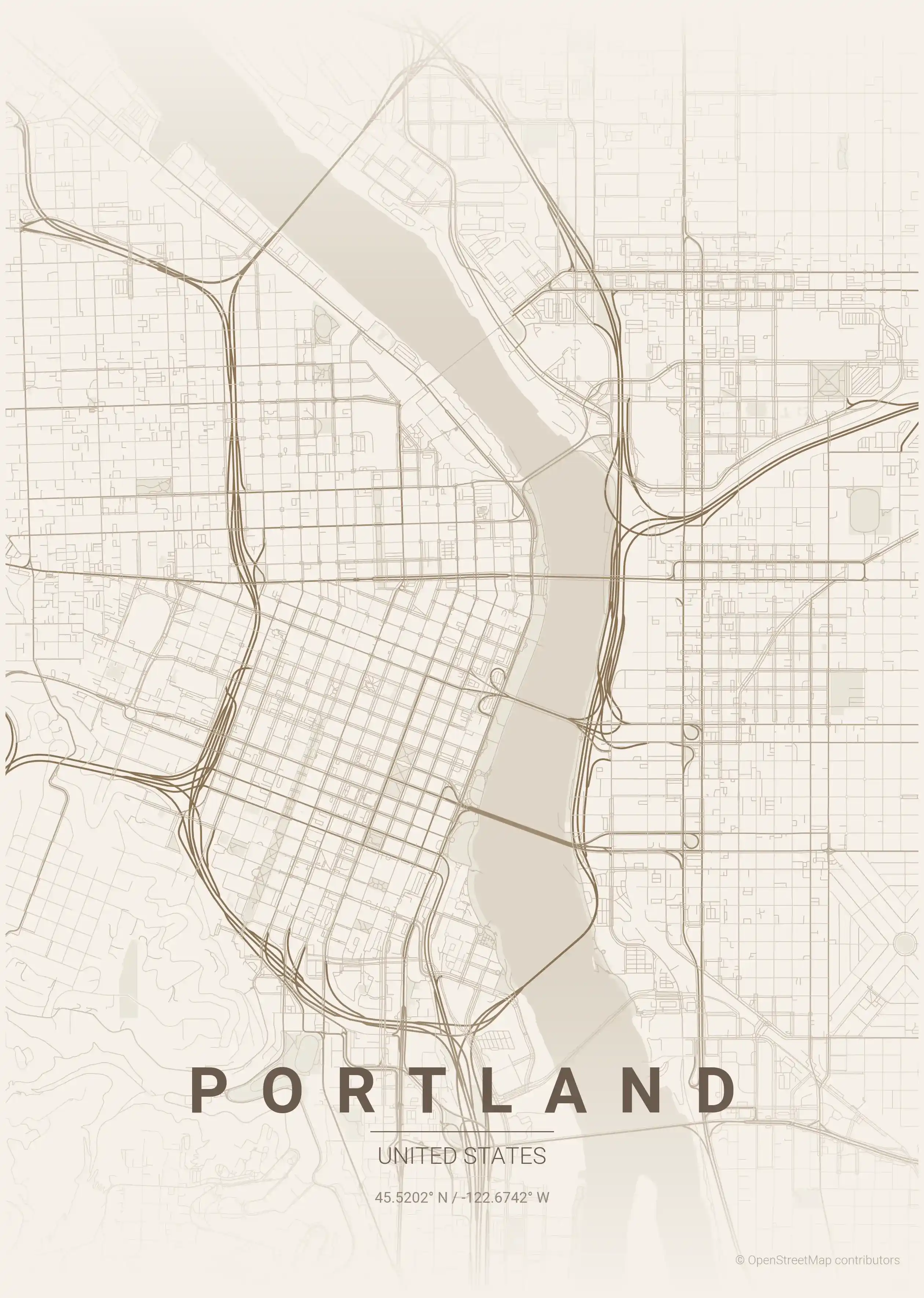Minimalist warm_beige street map of Portland, United States - Urban grid art