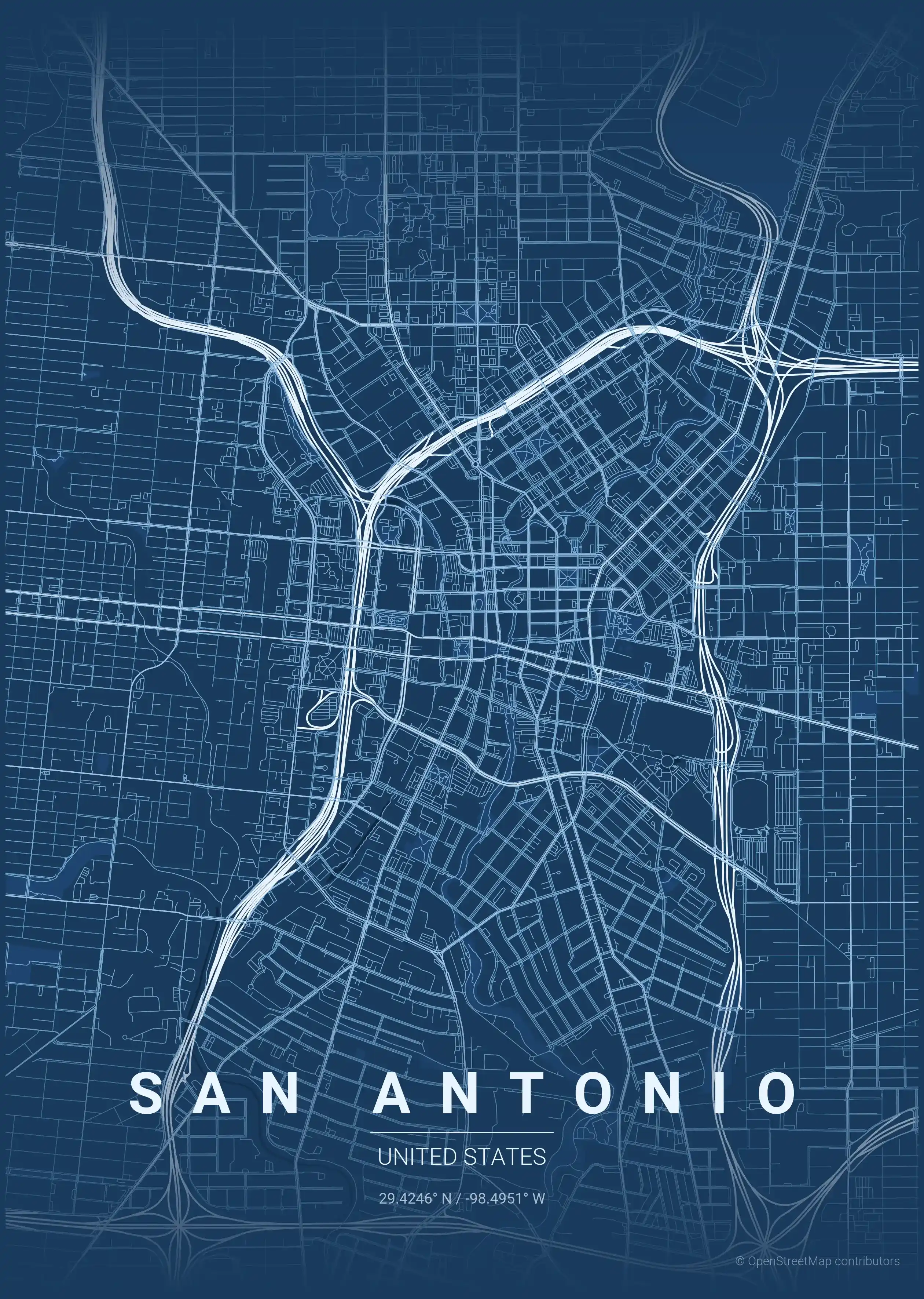 Minimalist blueprint street map of San Antonio, United States - Urban grid art