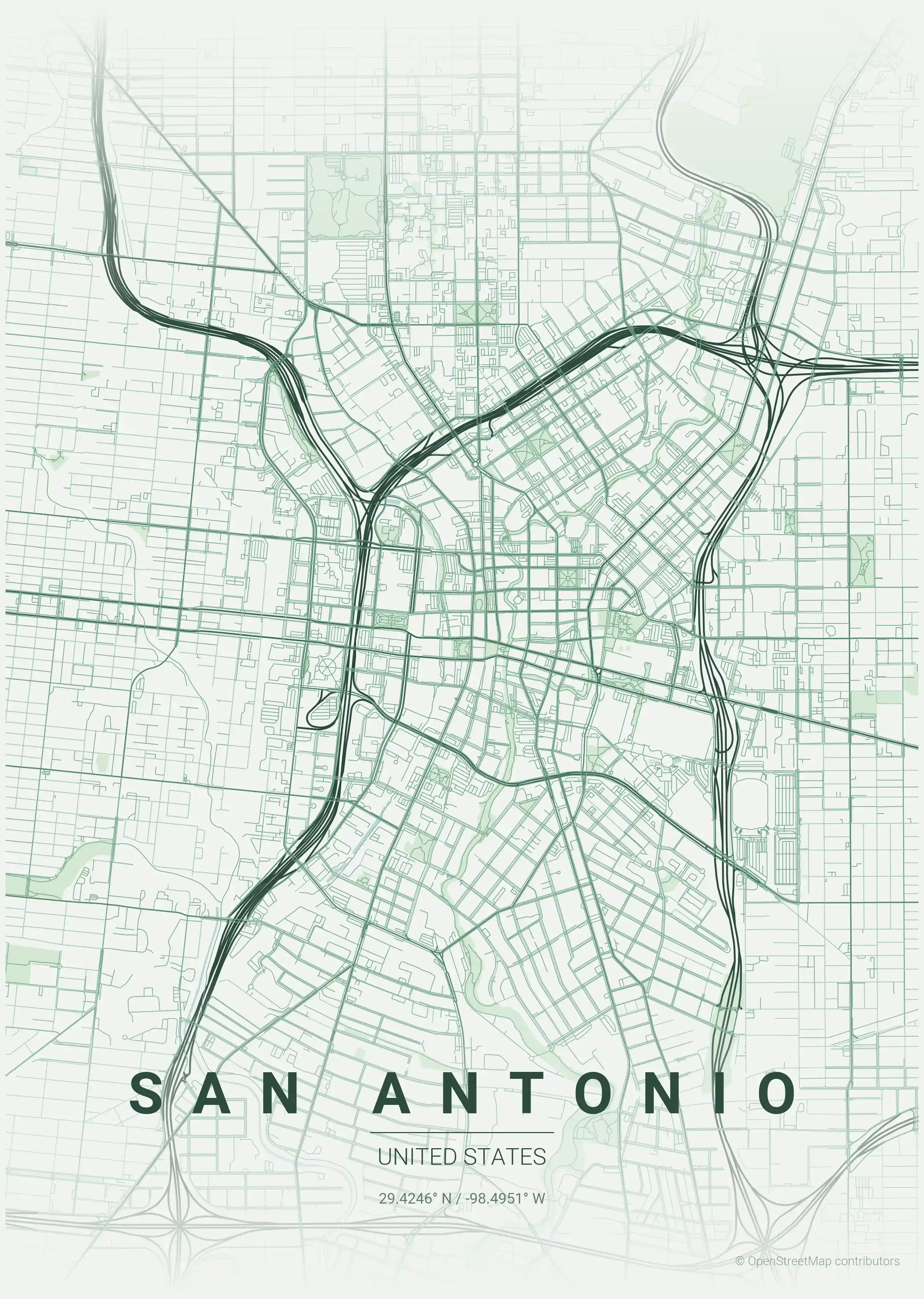 Minimalist forest street map of San Antonio, United States - Urban grid art