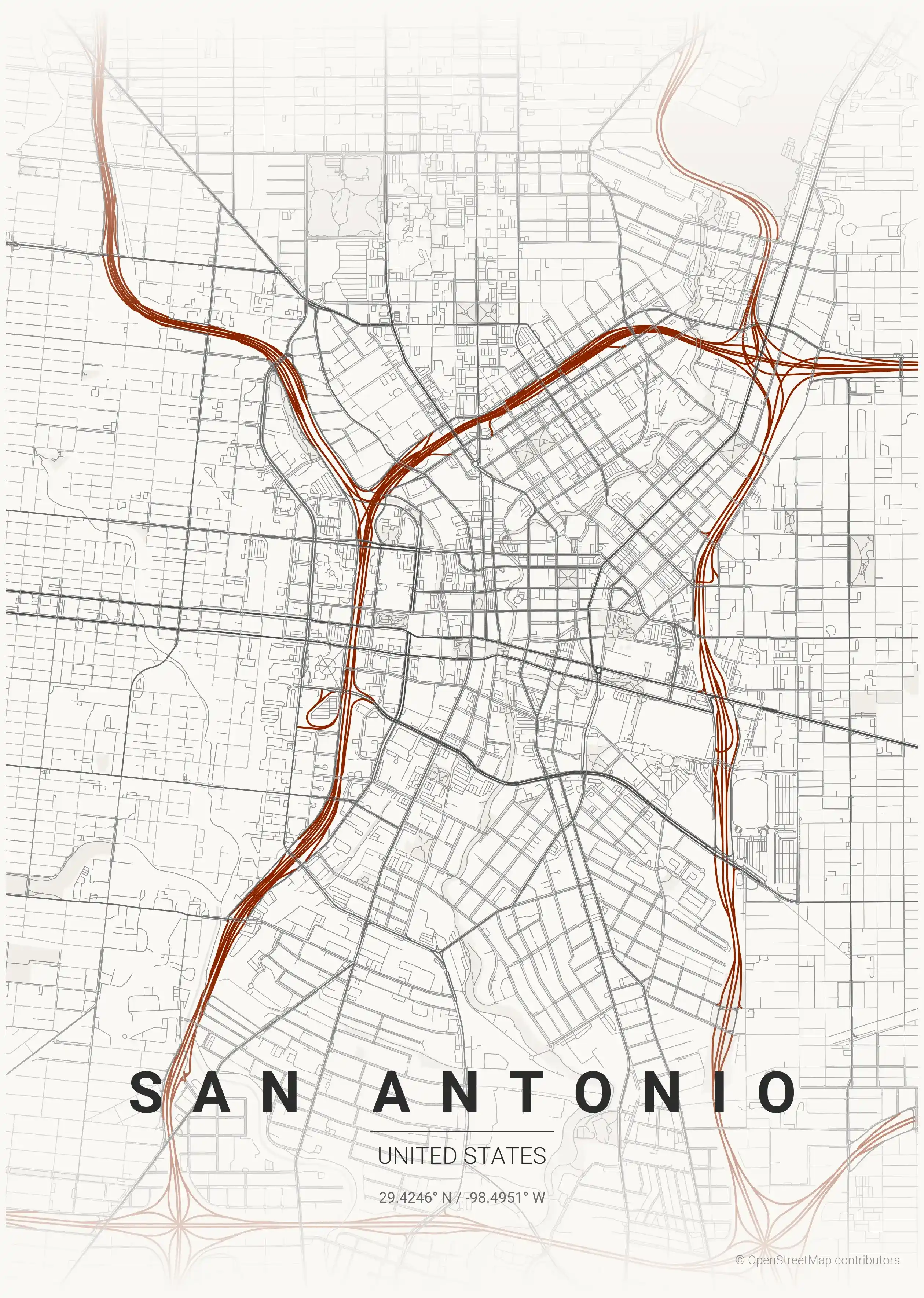 Minimalist japanese_ink street map of San Antonio, United States - Urban grid art