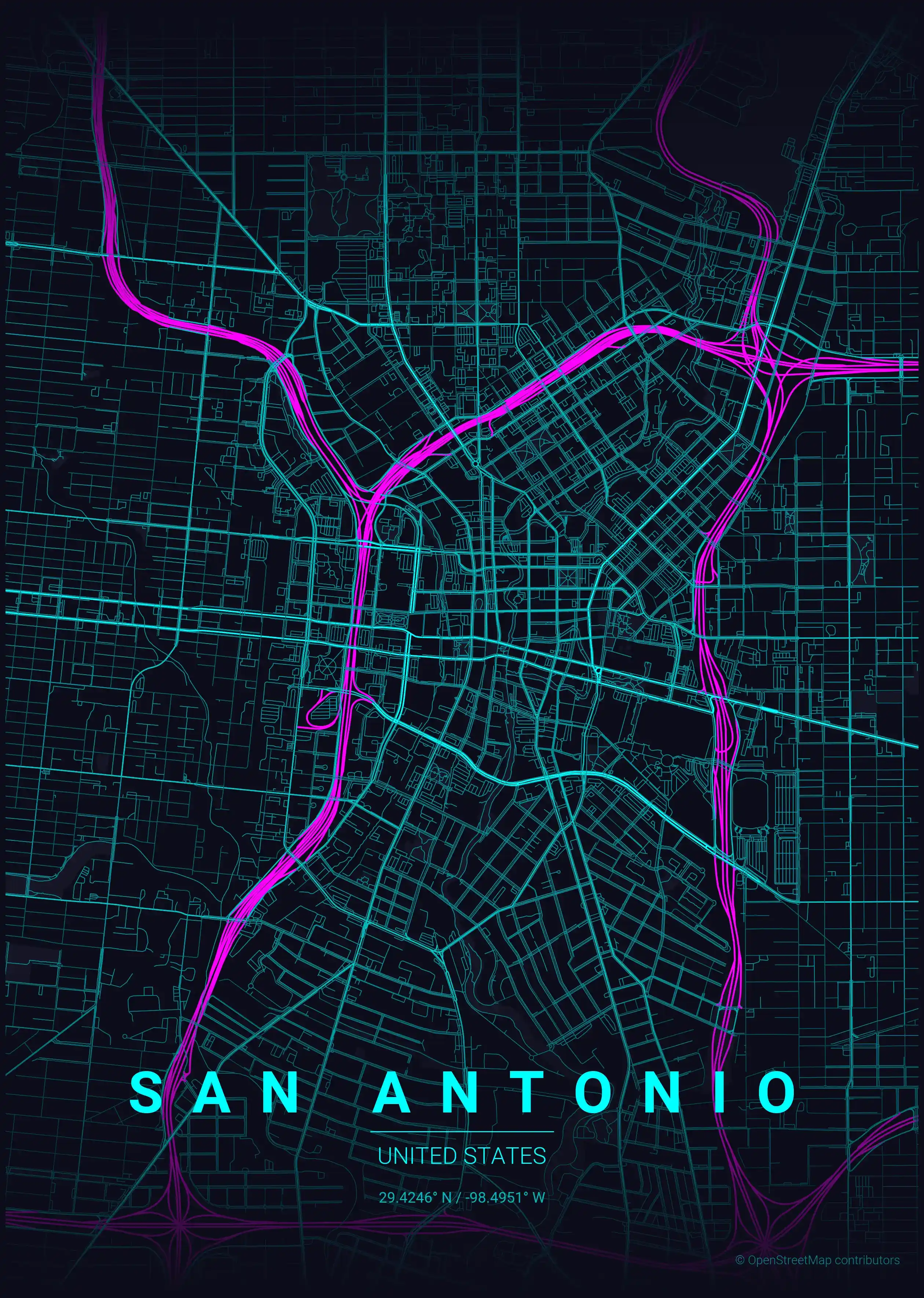 Minimalist neon_cyberpunk street map of San Antonio, United States - Urban grid art