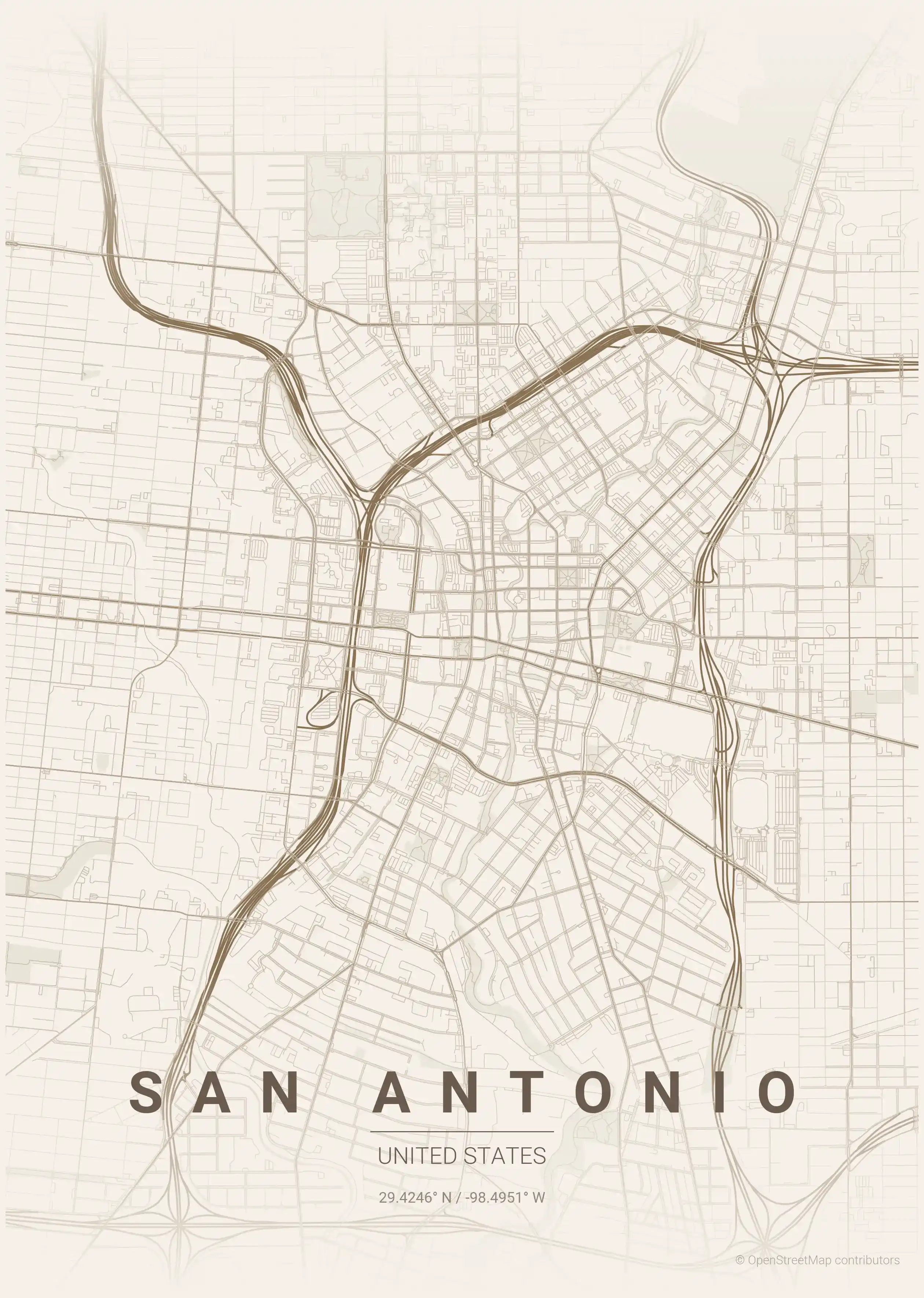Minimalist warm_beige street map of San Antonio, United States - Urban grid art