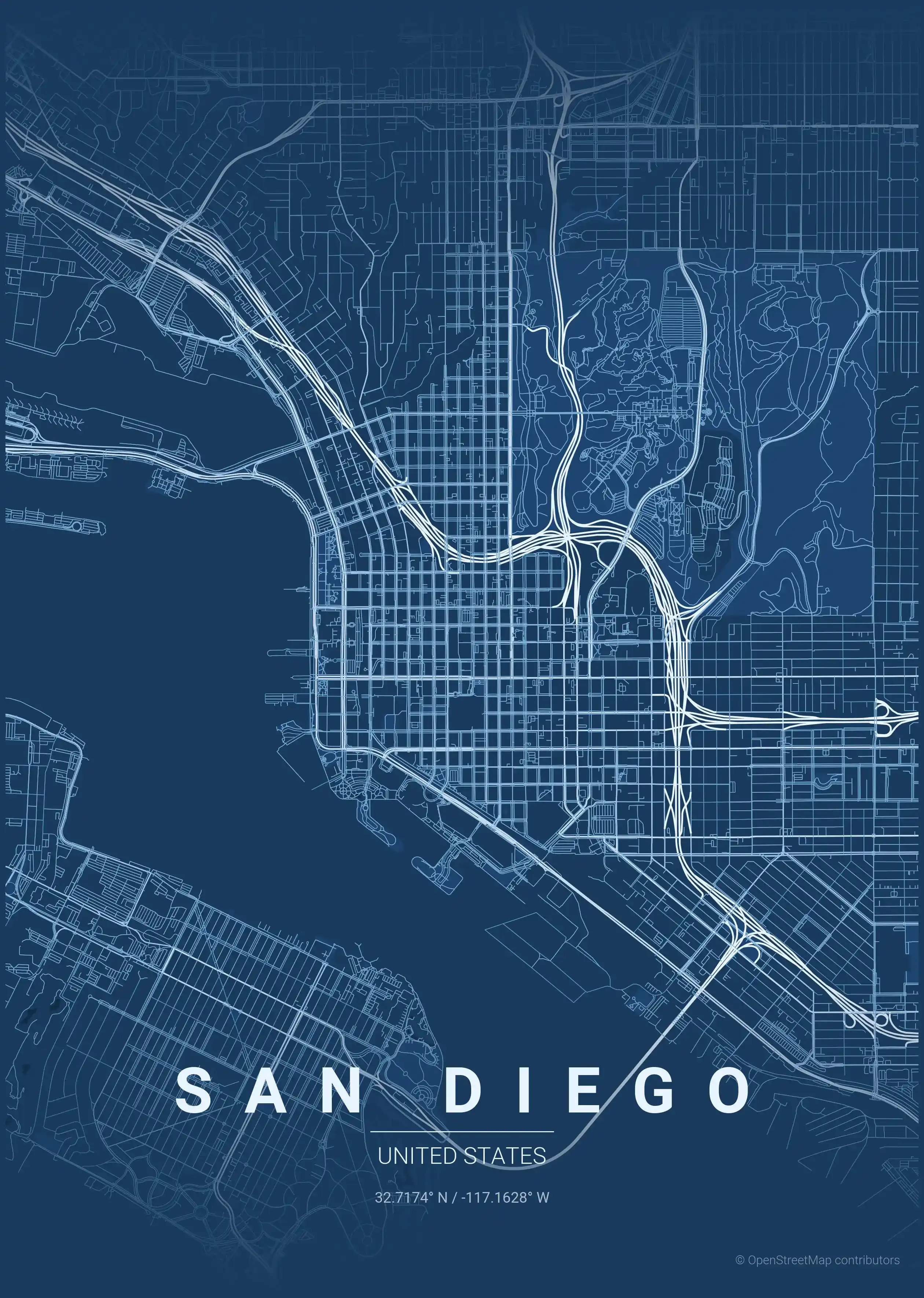 Minimalist blueprint street map of San Diego, United States - Urban grid art