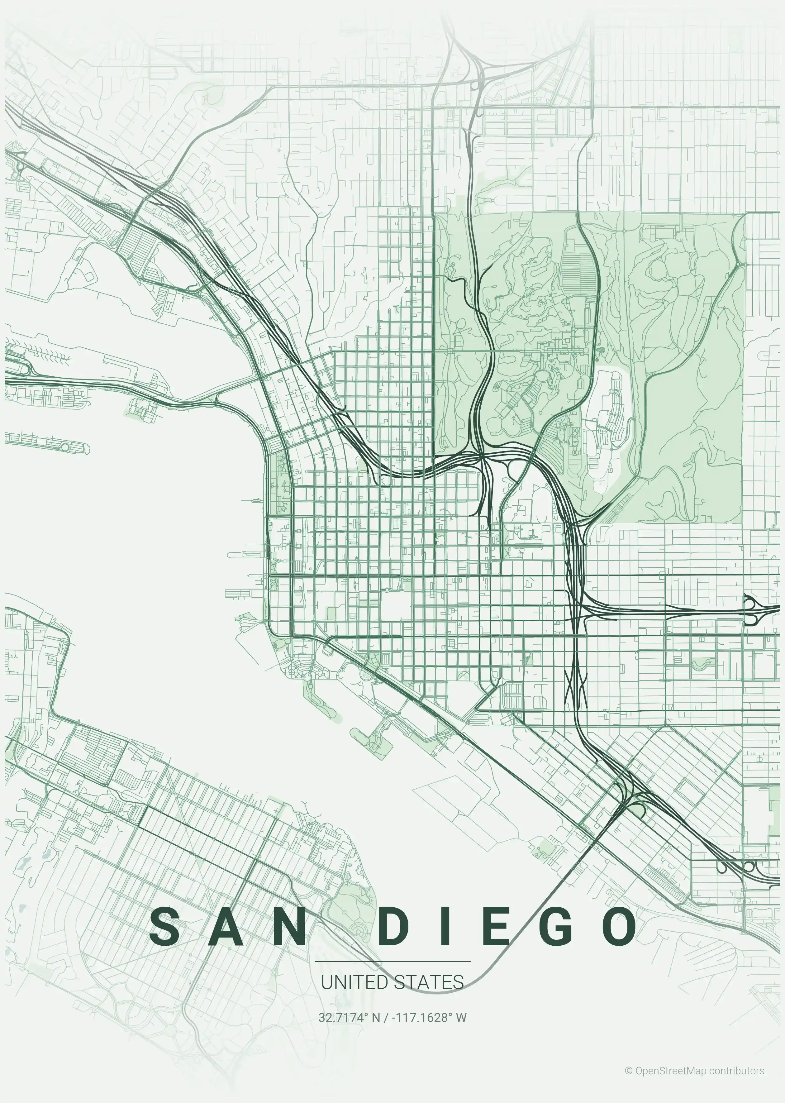 Minimalist forest street map of San Diego, United States - Urban grid art