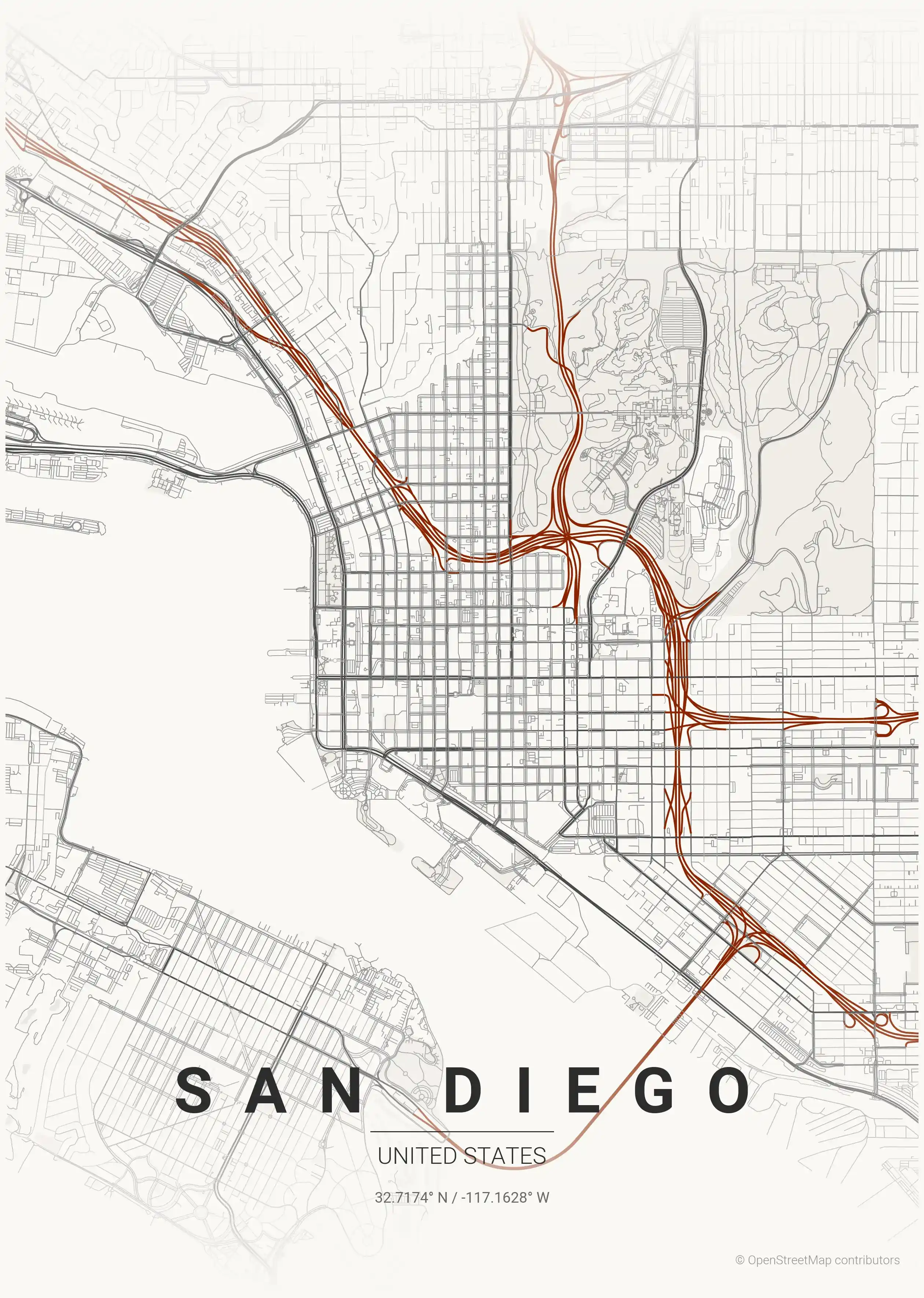 Minimalist japanese_ink street map of San Diego, United States - Urban grid art