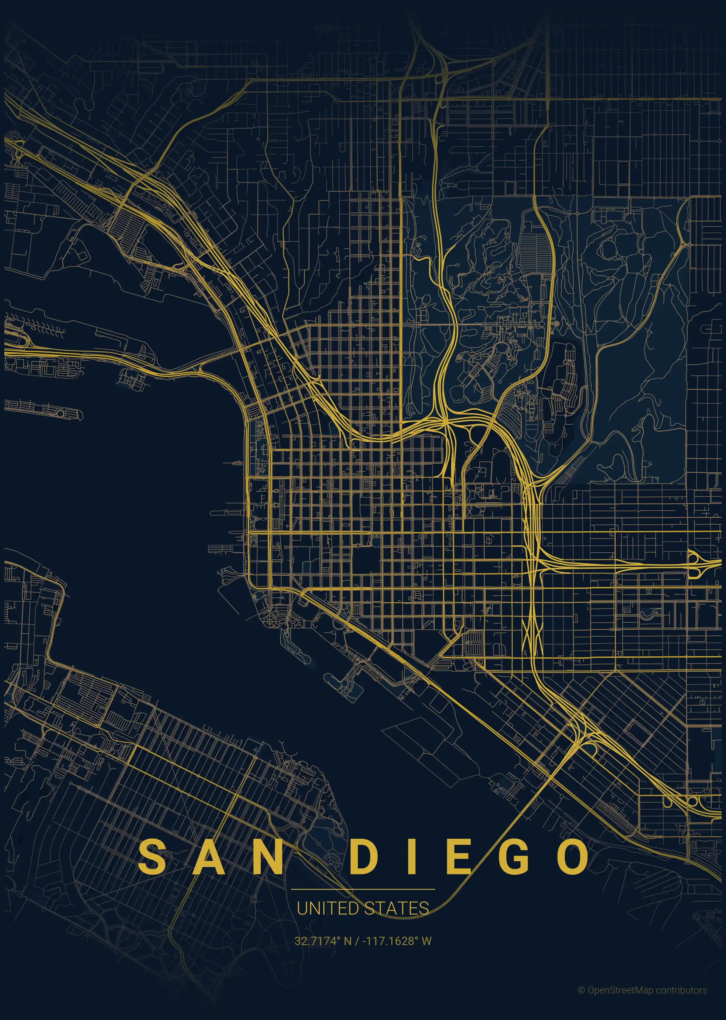 Minimalist midnight_blue street map of San Diego, United States - Urban grid art