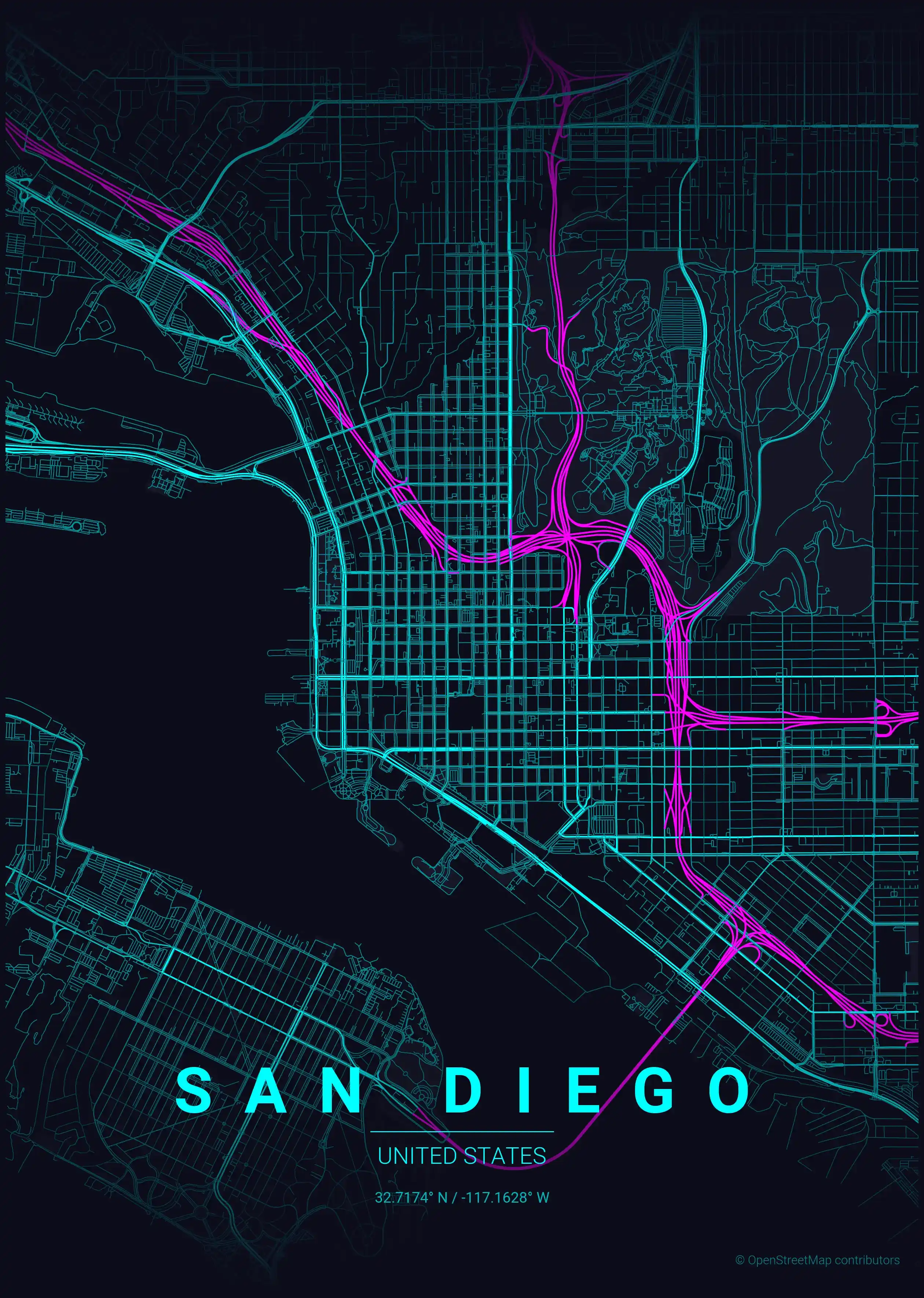 Minimalist neon_cyberpunk street map of San Diego, United States - Urban grid art