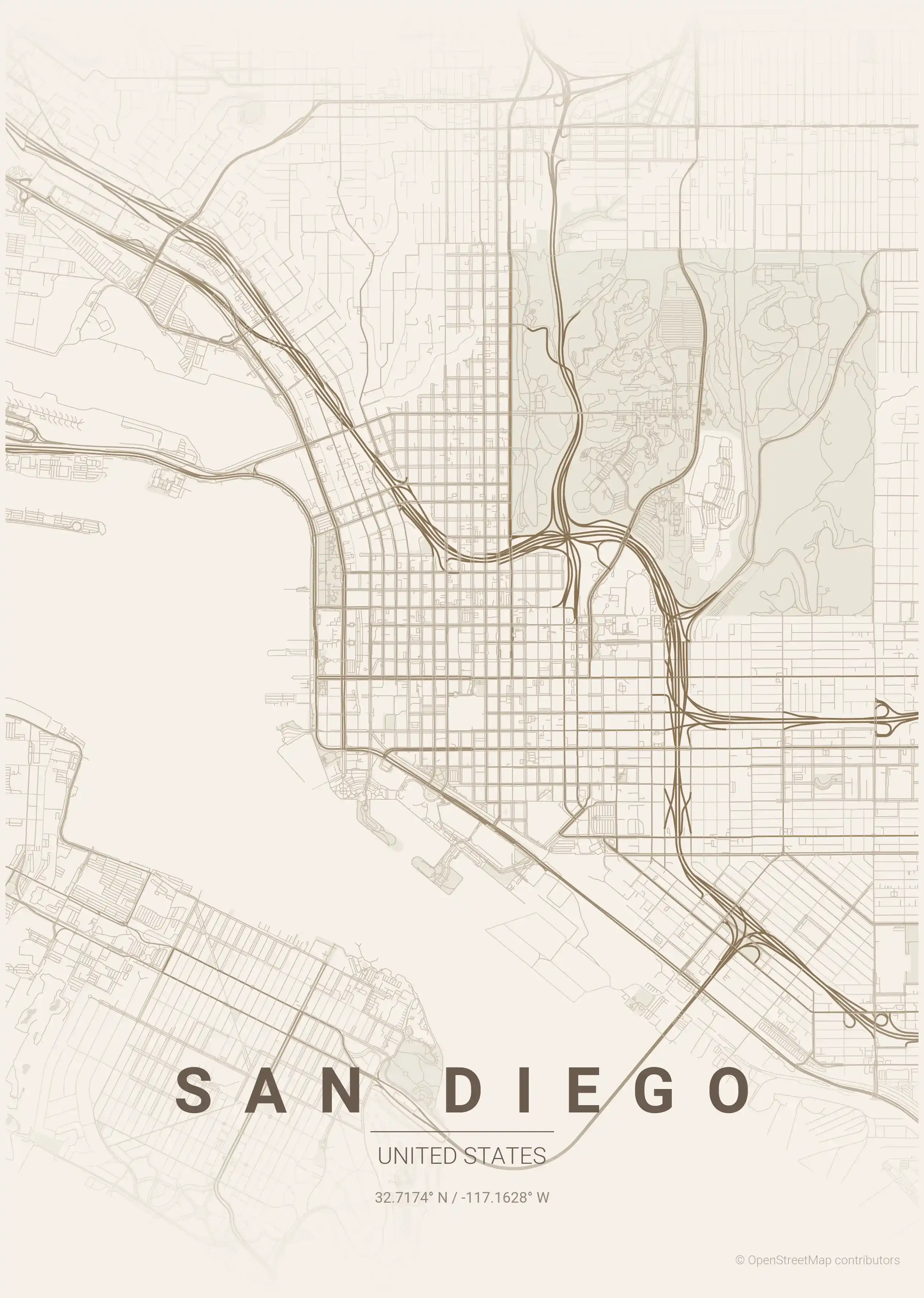 Minimalist warm_beige street map of San Diego, United States - Urban grid art