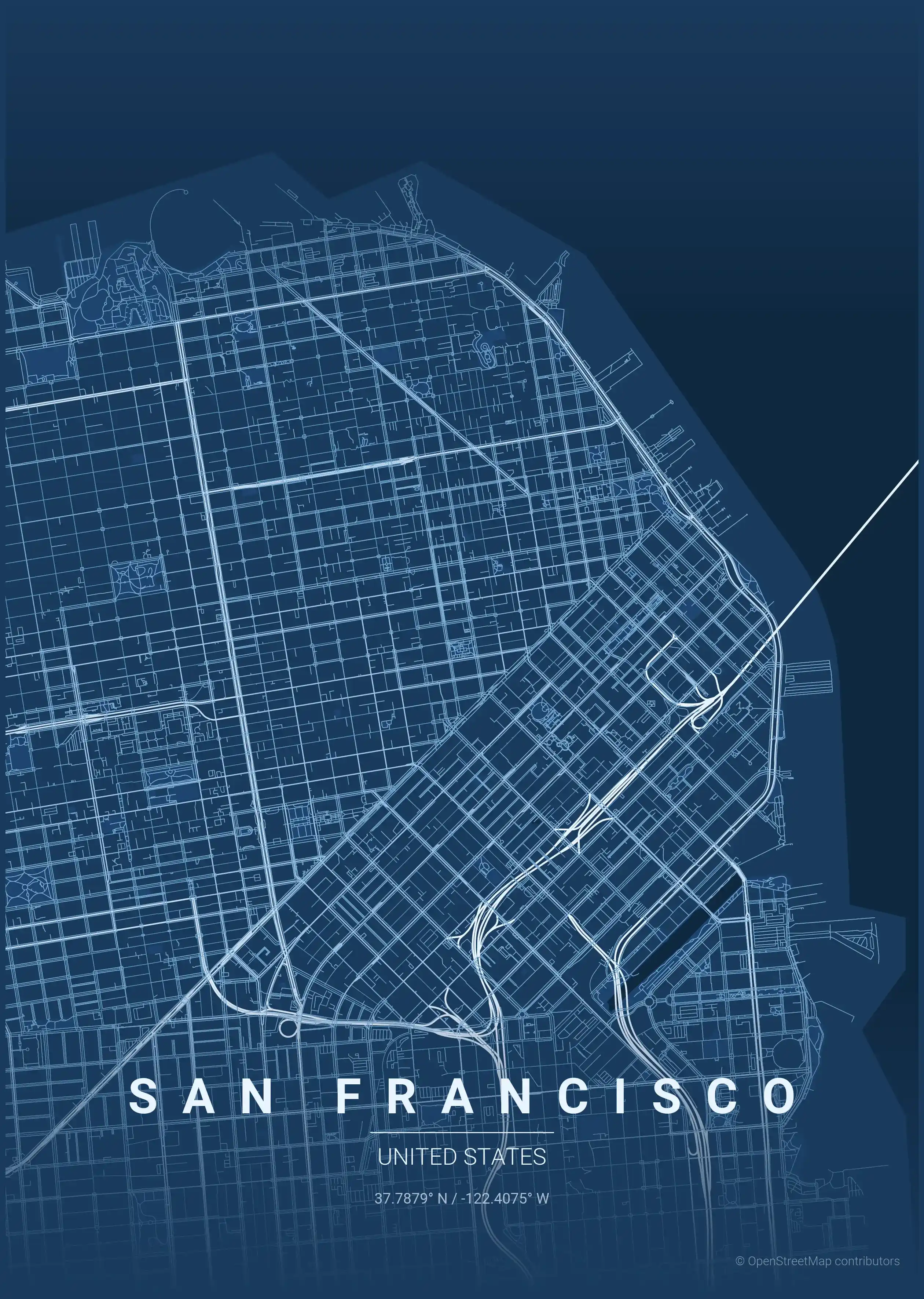 Minimalist blueprint street map of San Francisco, United States - Urban grid art