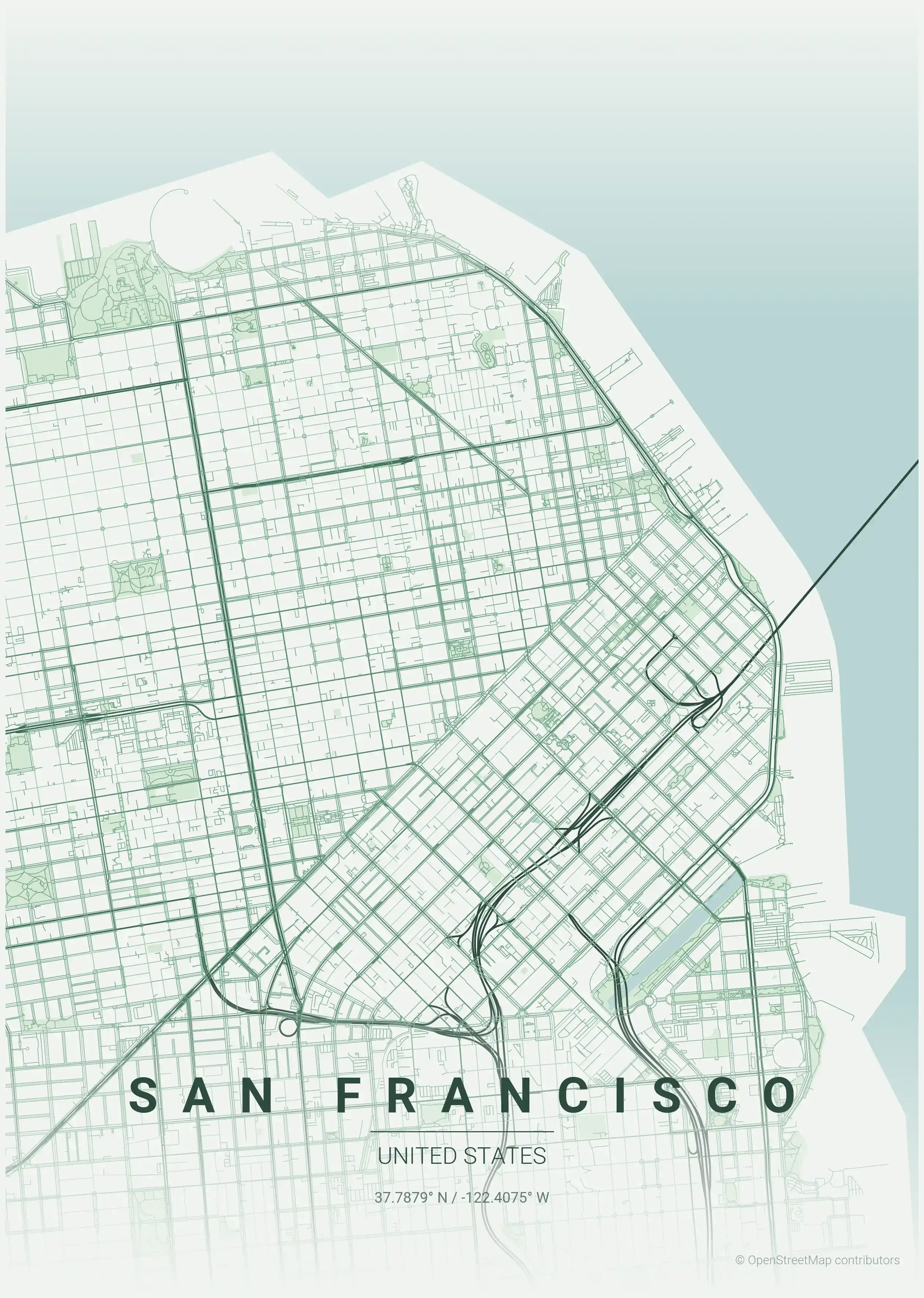 Minimalist forest street map of San Francisco, United States - Urban grid art
