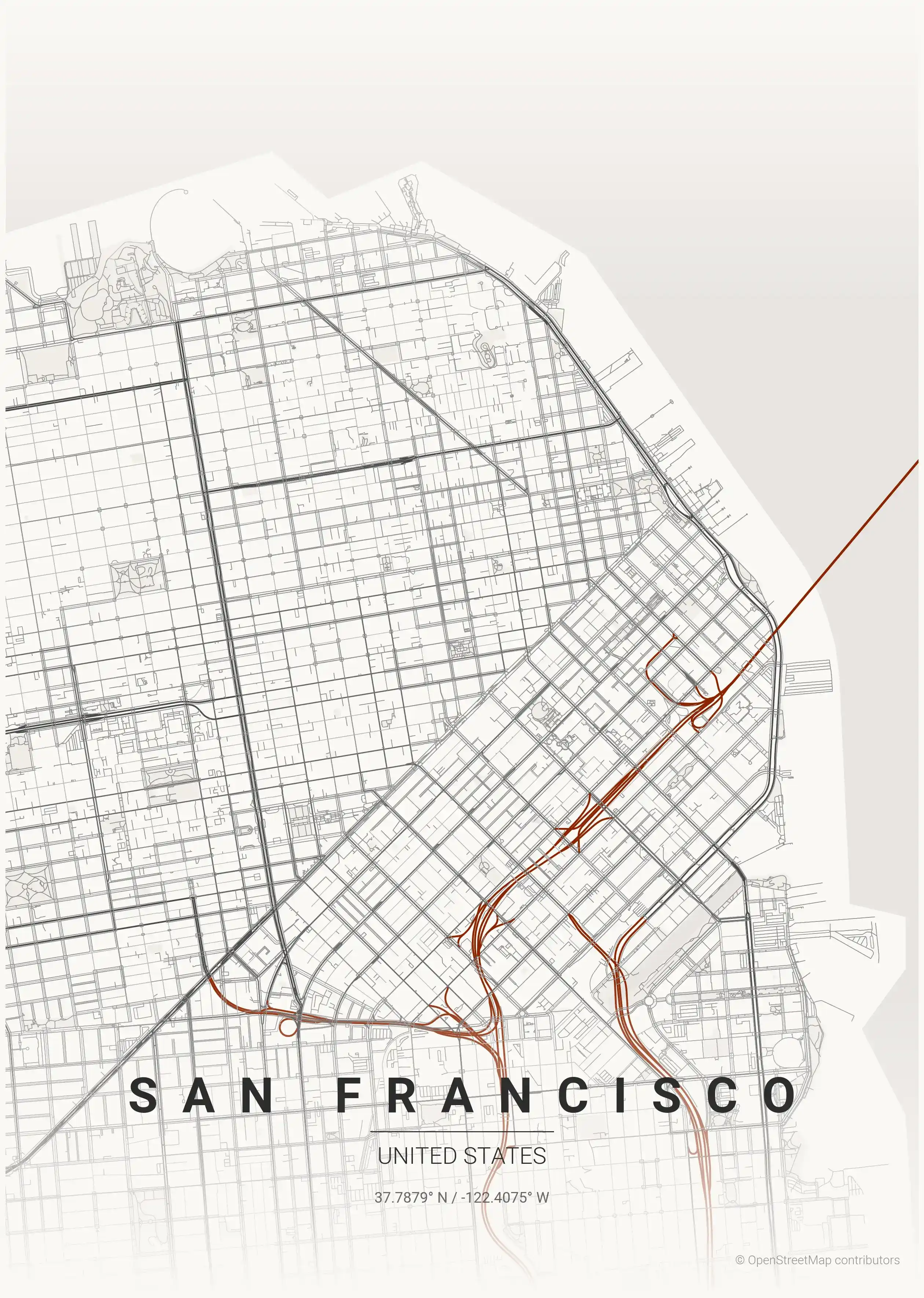 Minimalist japanese_ink street map of San Francisco, United States - Urban grid art