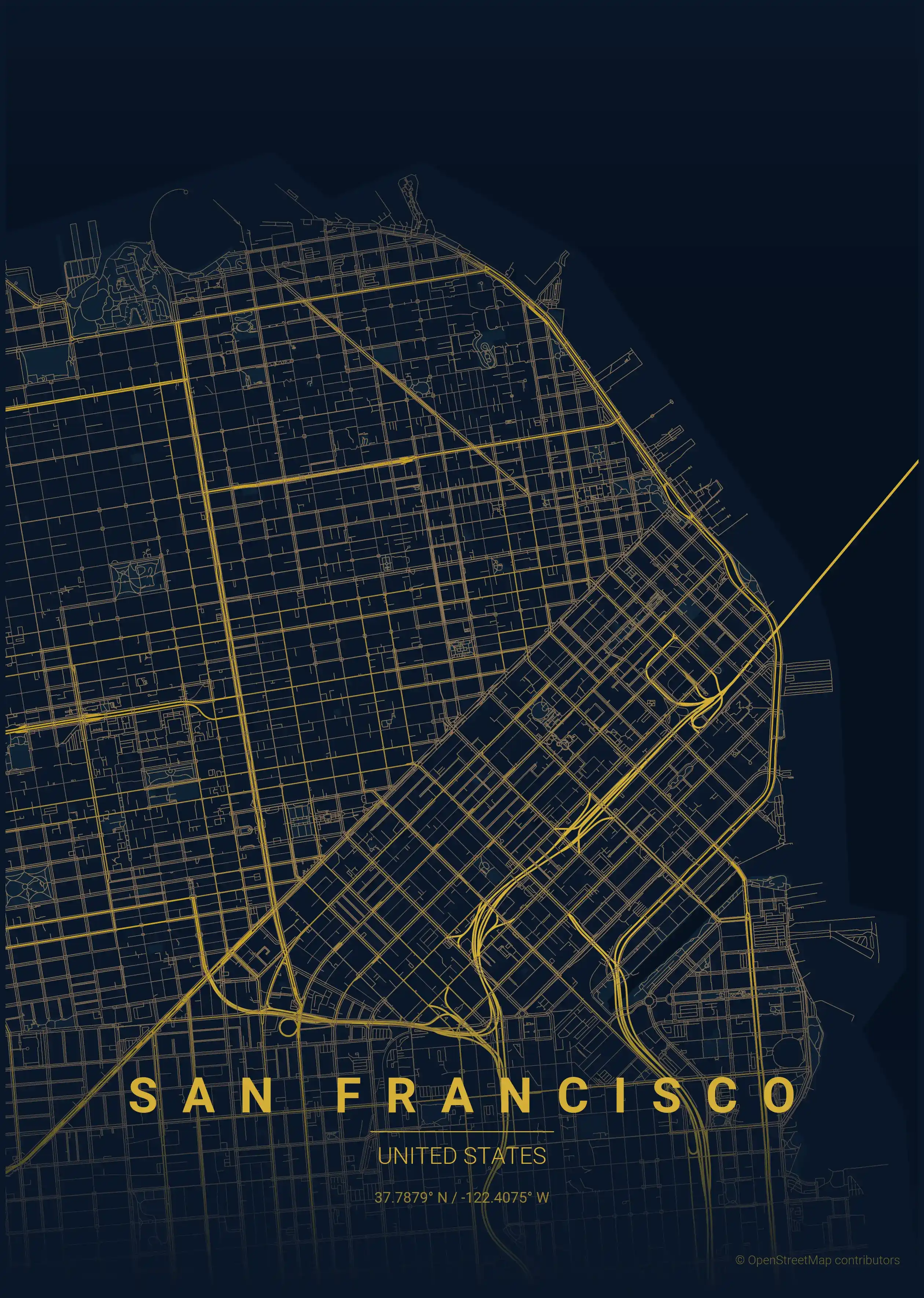 Minimalist midnight_blue street map of San Francisco, United States - Urban grid art