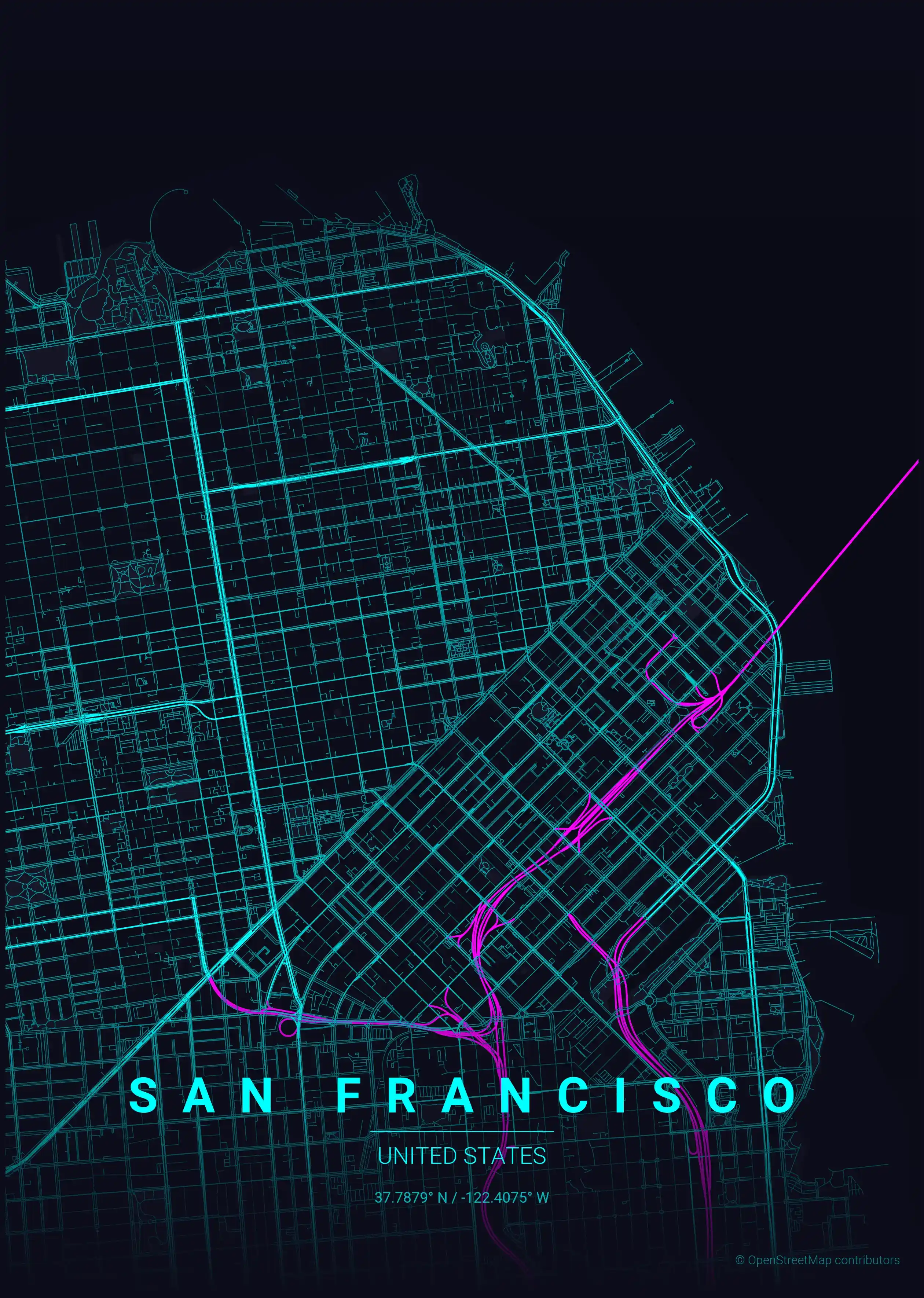 Minimalist neon_cyberpunk street map of San Francisco, United States - Urban grid art