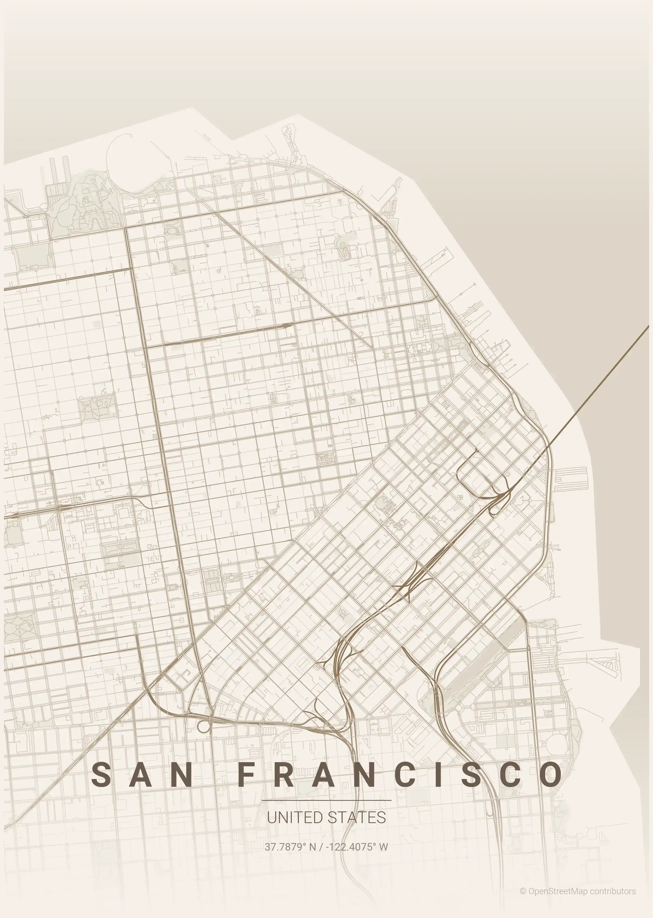 Minimalist warm_beige street map of San Francisco, United States - Urban grid art