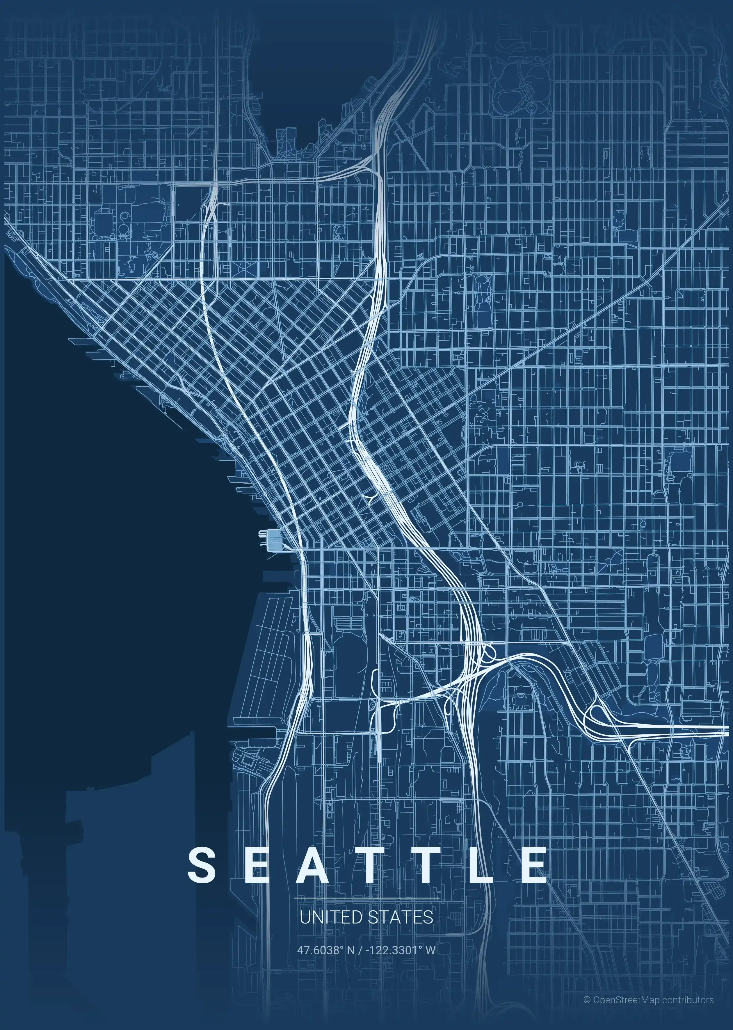 Minimalist blueprint street map of Seattle, United States - Urban grid art