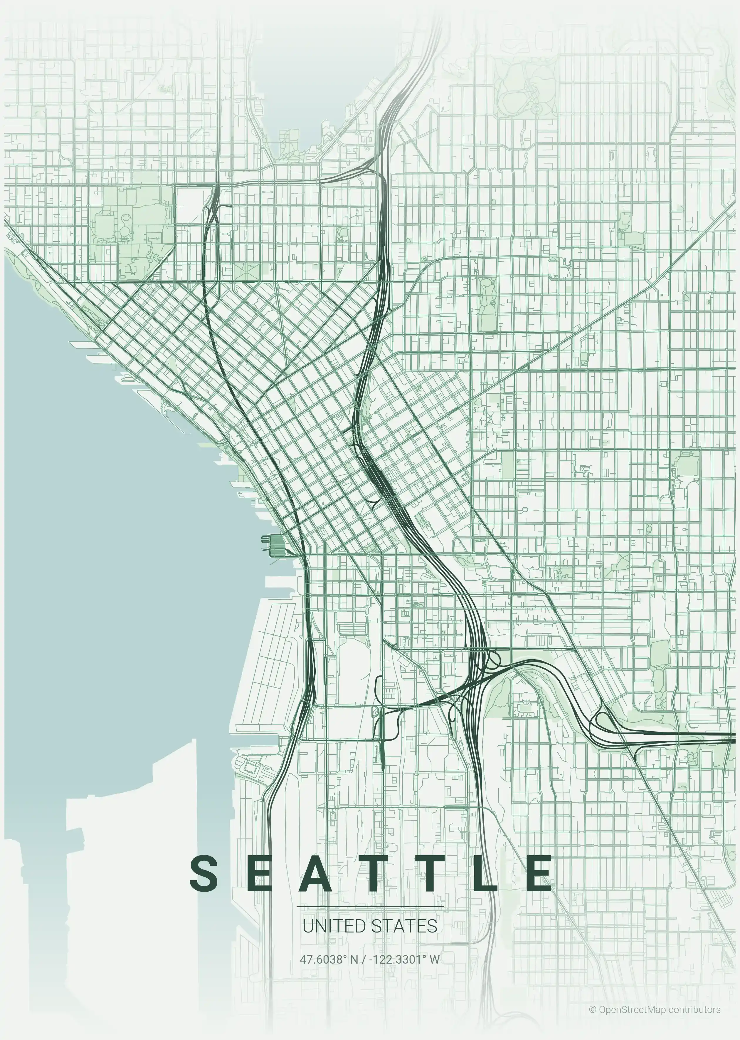 Minimalist forest street map of Seattle, United States - Urban grid art