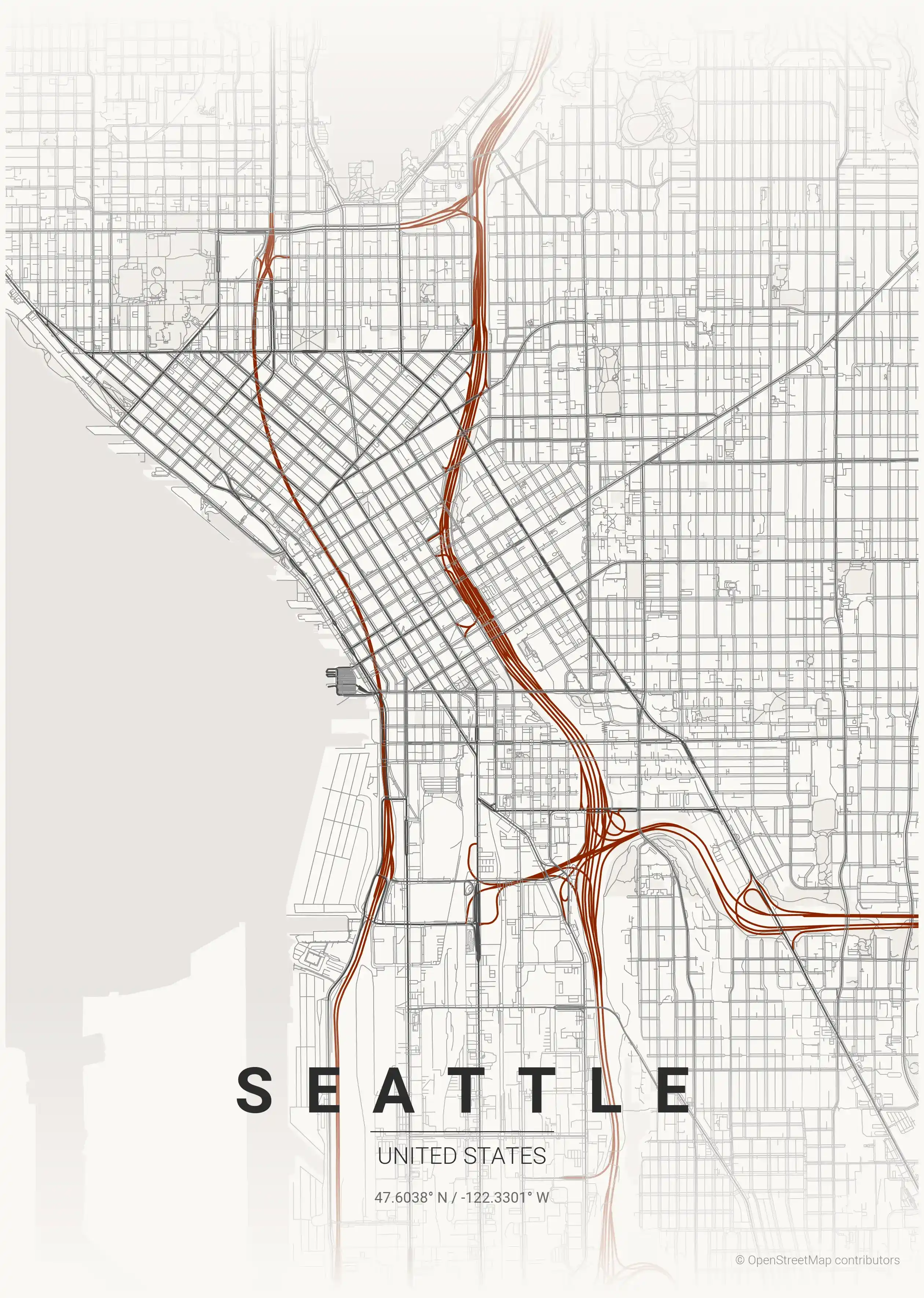 Minimalist japanese_ink street map of Seattle, United States - Urban grid art