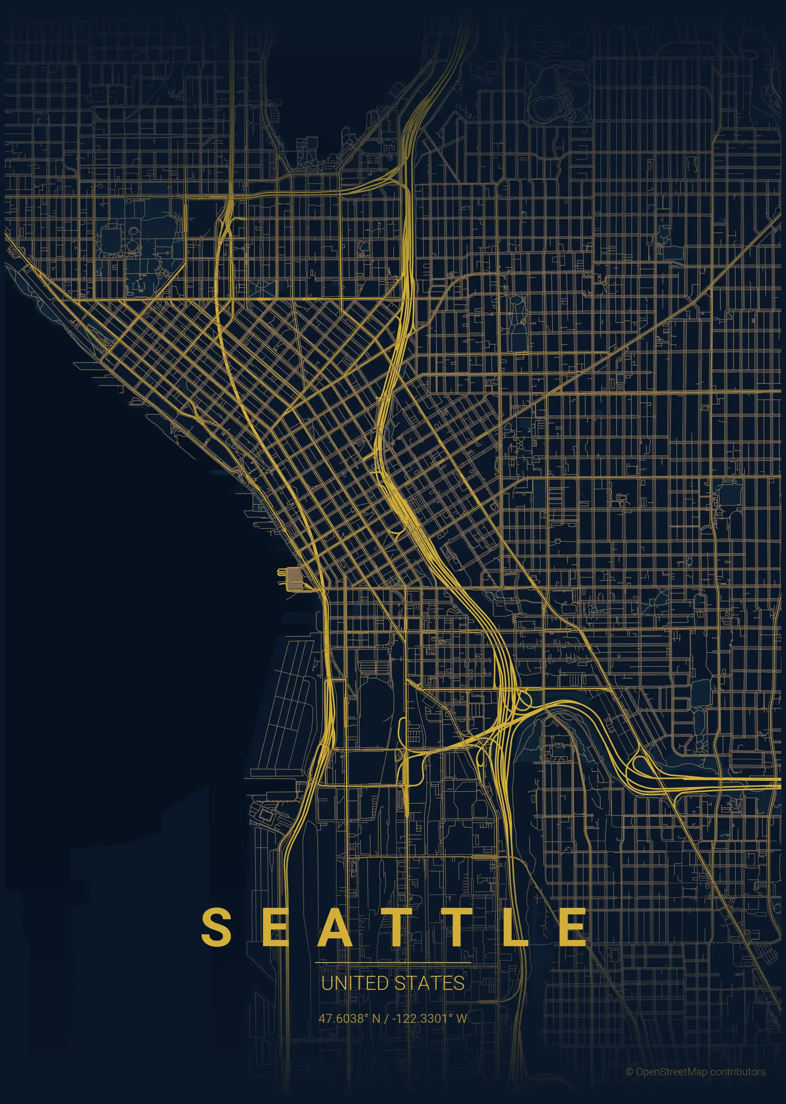 Minimalist midnight_blue street map of Seattle, United States - Urban grid art