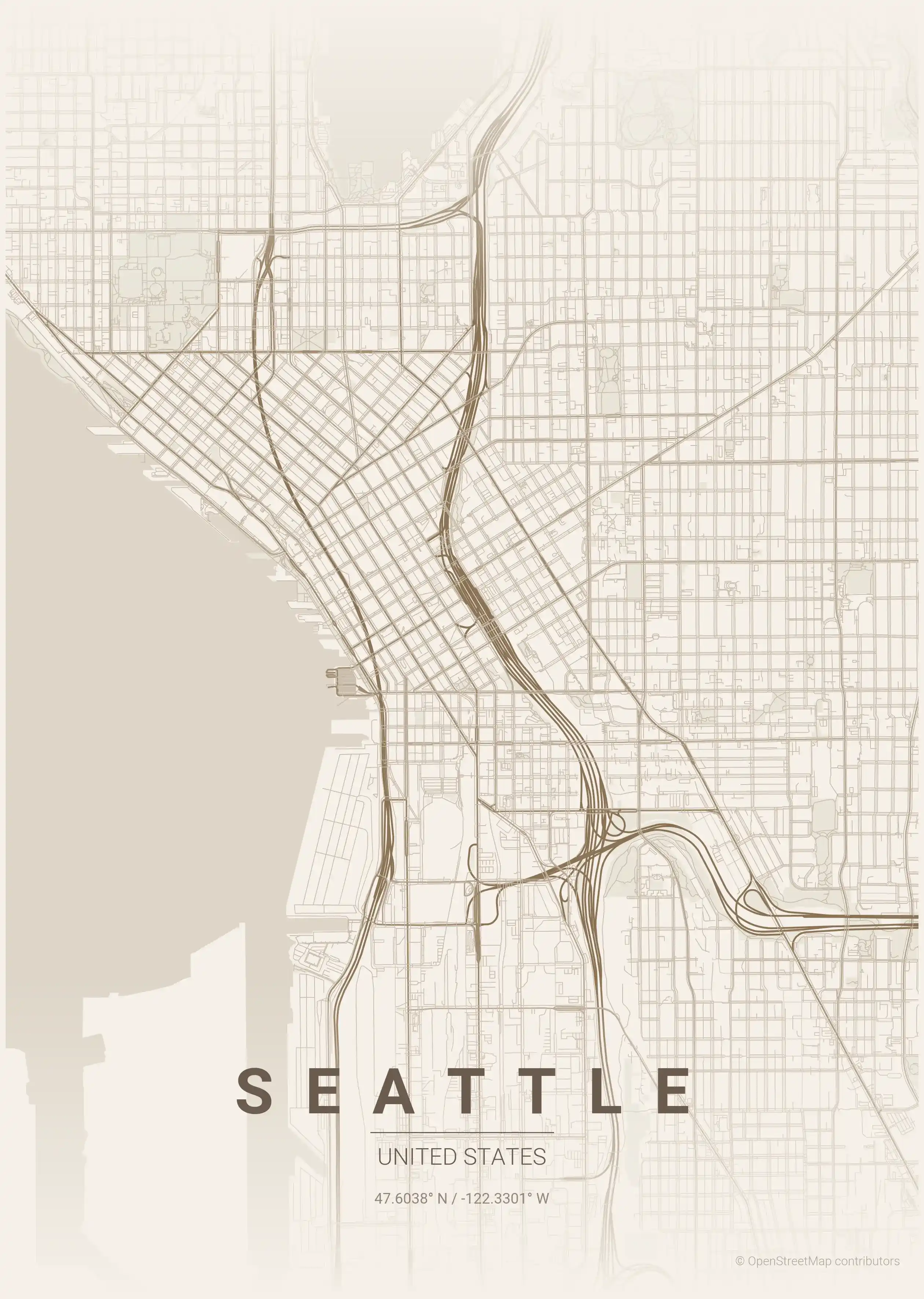 Minimalist warm_beige street map of Seattle, United States - Urban grid art