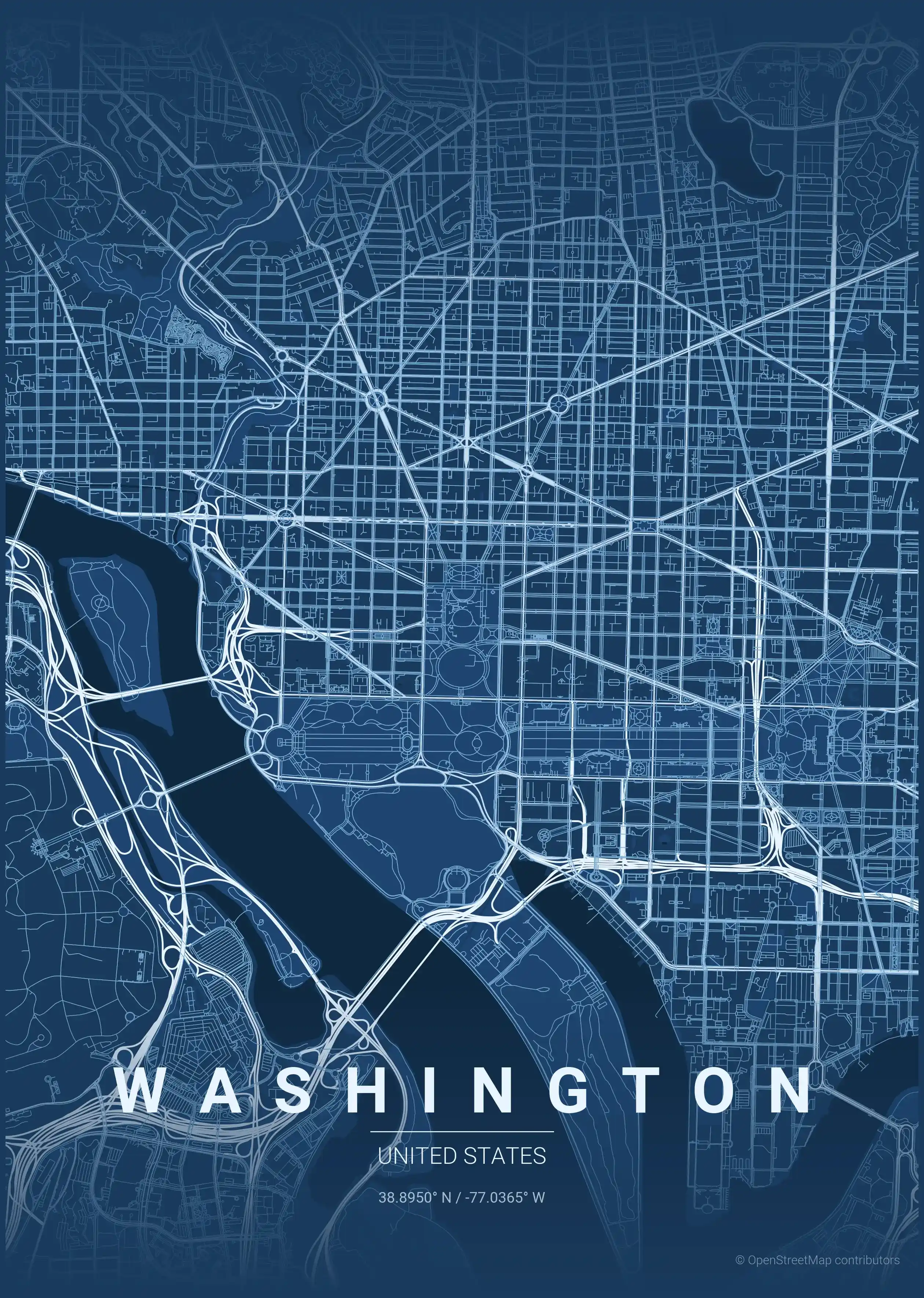 Minimalist blueprint street map of Washington, United States - Urban grid art