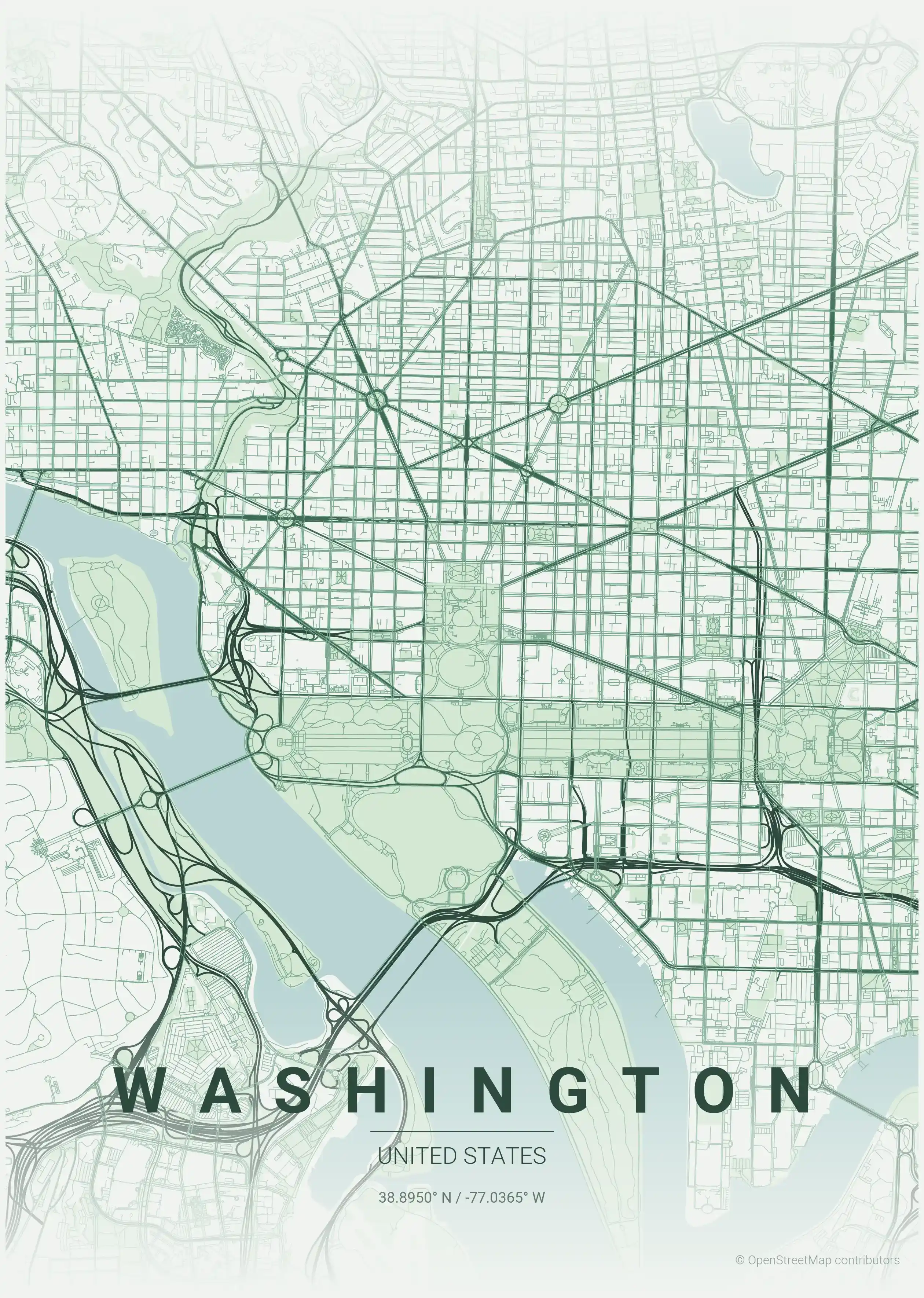Minimalist forest street map of Washington, United States - Urban grid art
