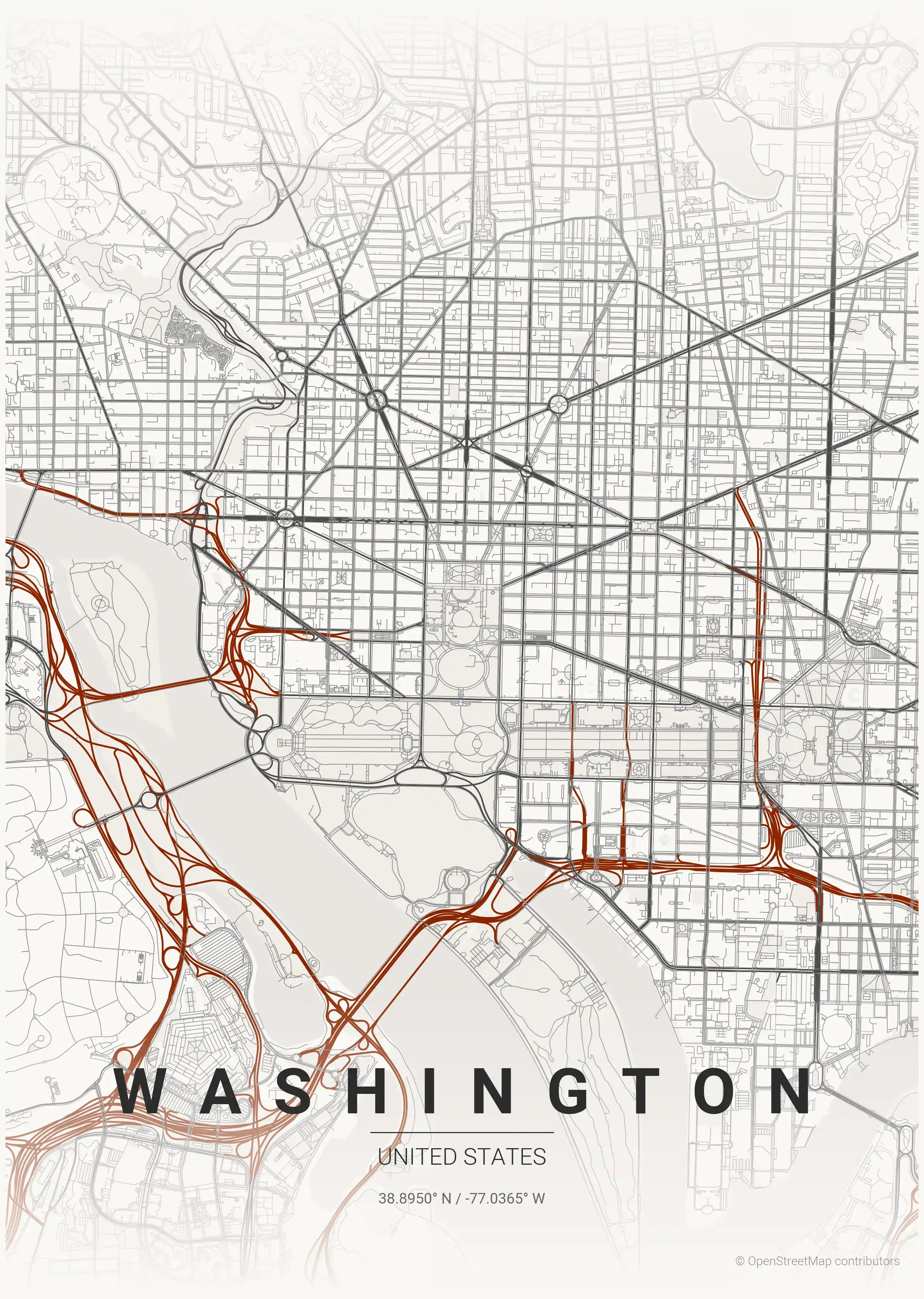 Minimalist japanese_ink street map of Washington, United States - Urban grid art