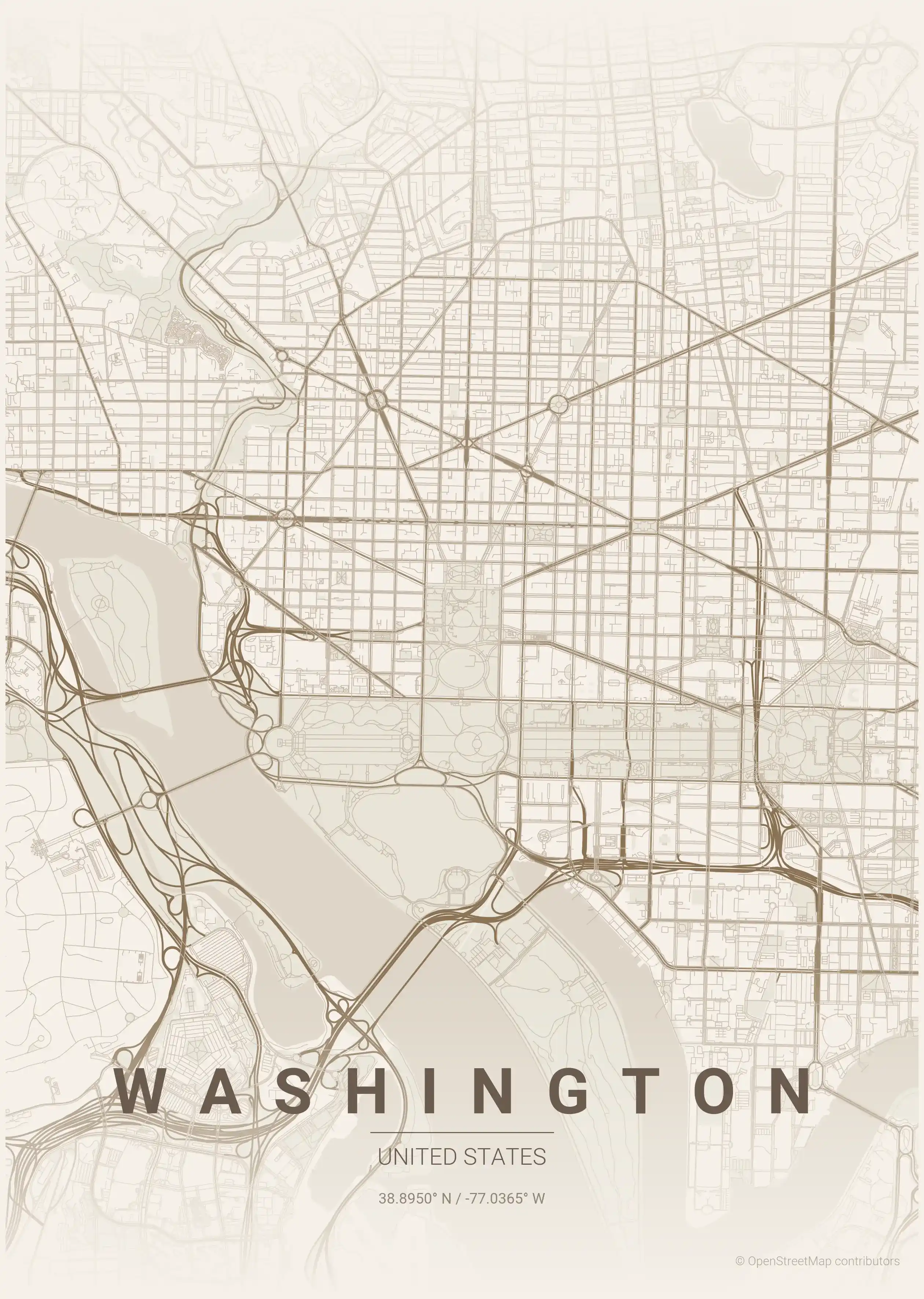 Minimalist warm_beige street map of Washington, United States - Urban grid art